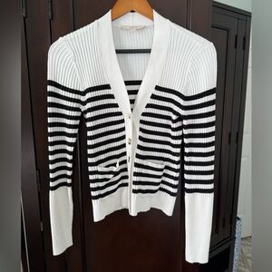LOFT chic and classic black-and-white striped ribbed cardigan, Size Small